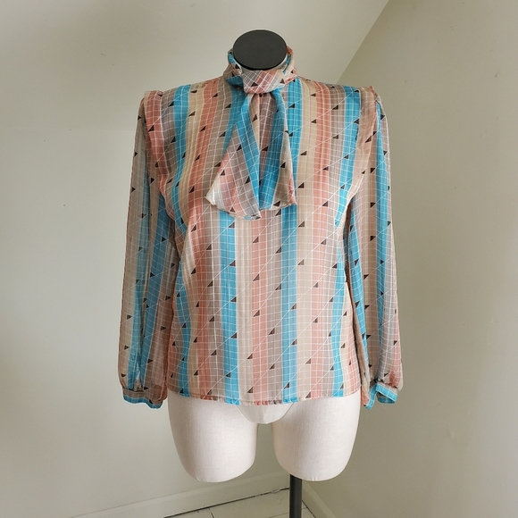80s 90s Vintage Liz Baker Chiffon Stripe Mockneck Long Sleeve Top size 12 - Picture 9 of 9